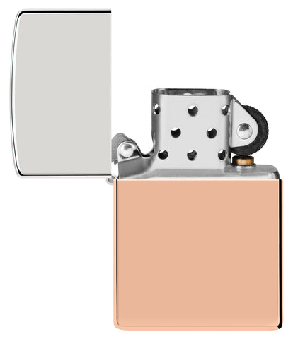 Zippo Bimetal Case Lighter - Copper Lid Windproof Lighter with its lid open and unlit.