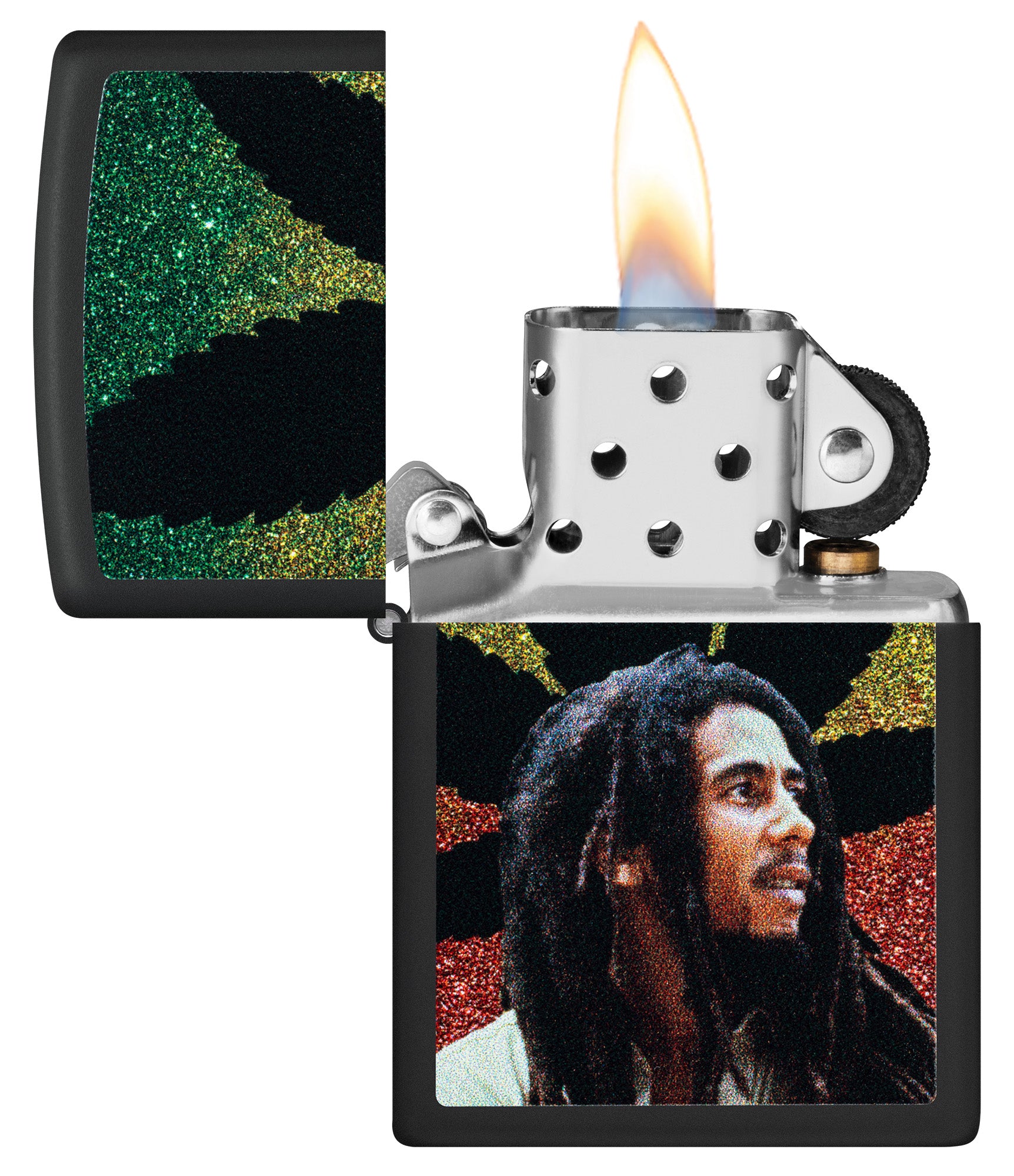 Zippo Bob Marley Cannabis Design Black Matte Windproof Lighter with its lid open and lit.