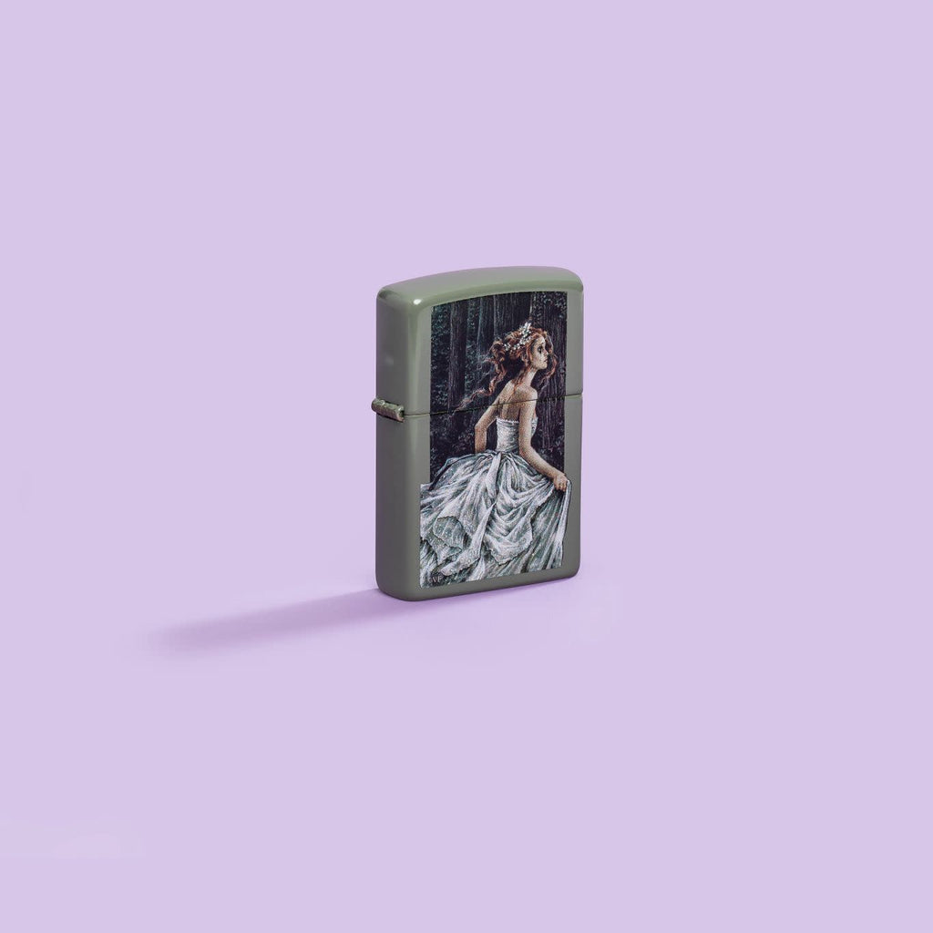 Lifestyle image of Zippo Victoria Frances Sage Windproof Lighter on a pastel purple background.