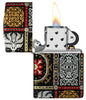 Zippo Tapestry Pattern Design 540 Tumbled Chrome Windproof Lighter with its lid open and lit.