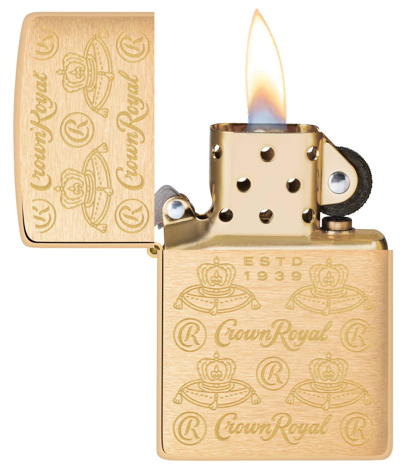 Zippo Crown Royal Elegance Design Brushed Brass Windproof Lighter with its lid open and lit.