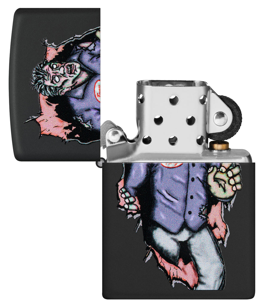 Zippo Zombie Escape Black Matte Windproof Lighter with its lid open and unlit.