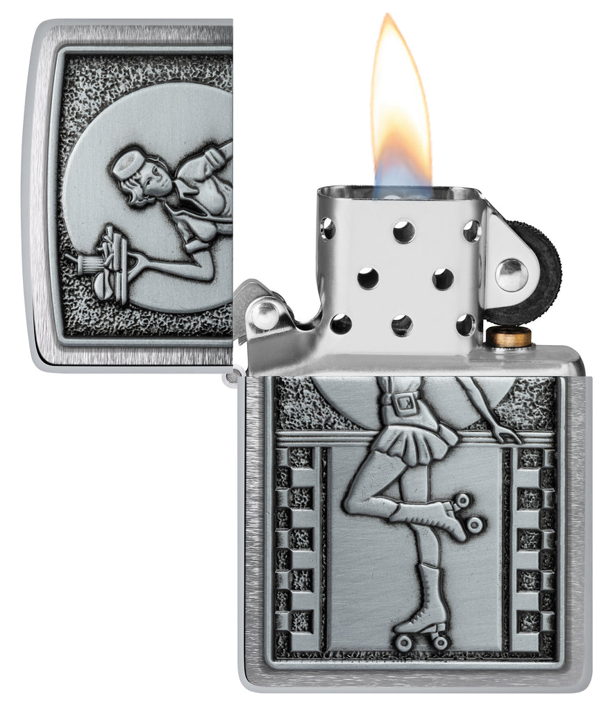 Zippo Roller Waitress Emblem Brushed Chrome Windproof Lighter with its lid open and lit.