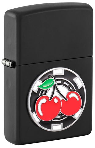 Front shot of Zippo Poker Chip with Cherries Emblem Black Matte Windproof Lighter standing at a 3/4 angle.