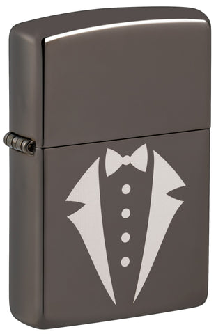 Front view of Tuxedo & Bowtie Design Windproof Lighter standing at a 3/4 angle