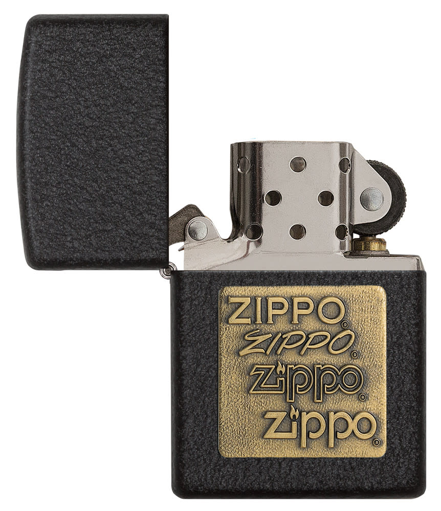 Front view of the Black CrackleÂ® Brass Zippo Logo Emblem Lighter open and unlit