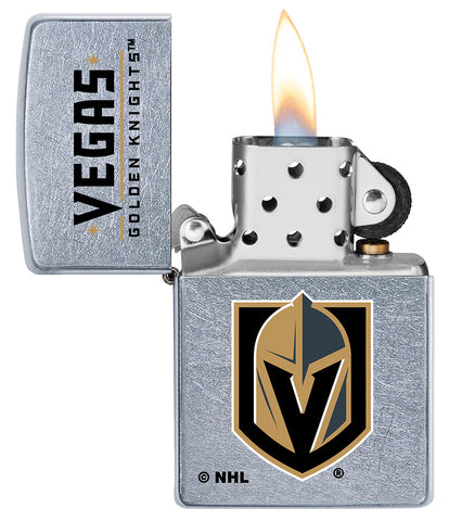 NHL Vegas Golden Knights Street Chrome™ Windproof Lighter with its lid open and lit