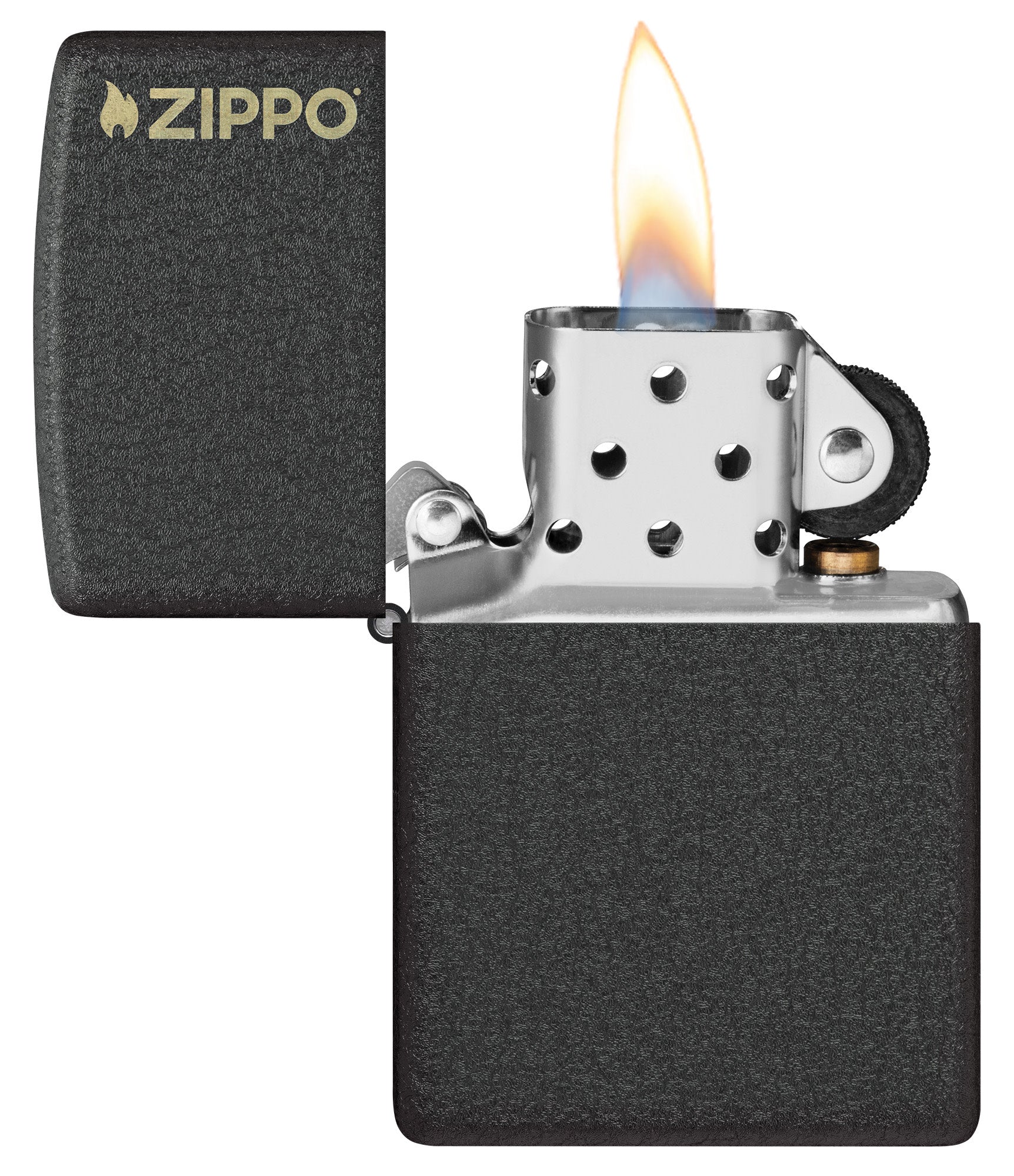 Zippo Classic Black CrackleÂ® Zippo Logo Windproof Lighter with its lid open and lit.