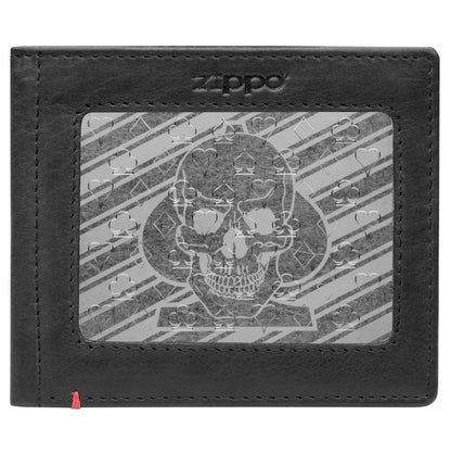 Front of black Leather Wallet With Spade Skull Metal Plate Design - ID Window