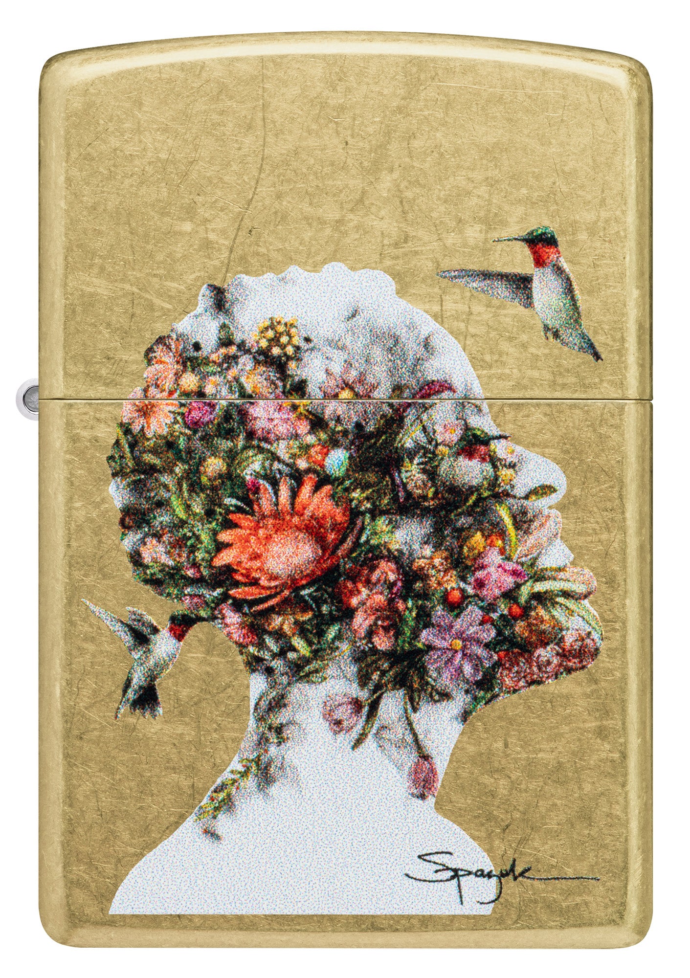 Front view of Zippo Spazuk Hummingbirds Design Street Brass Windproof Lighter.