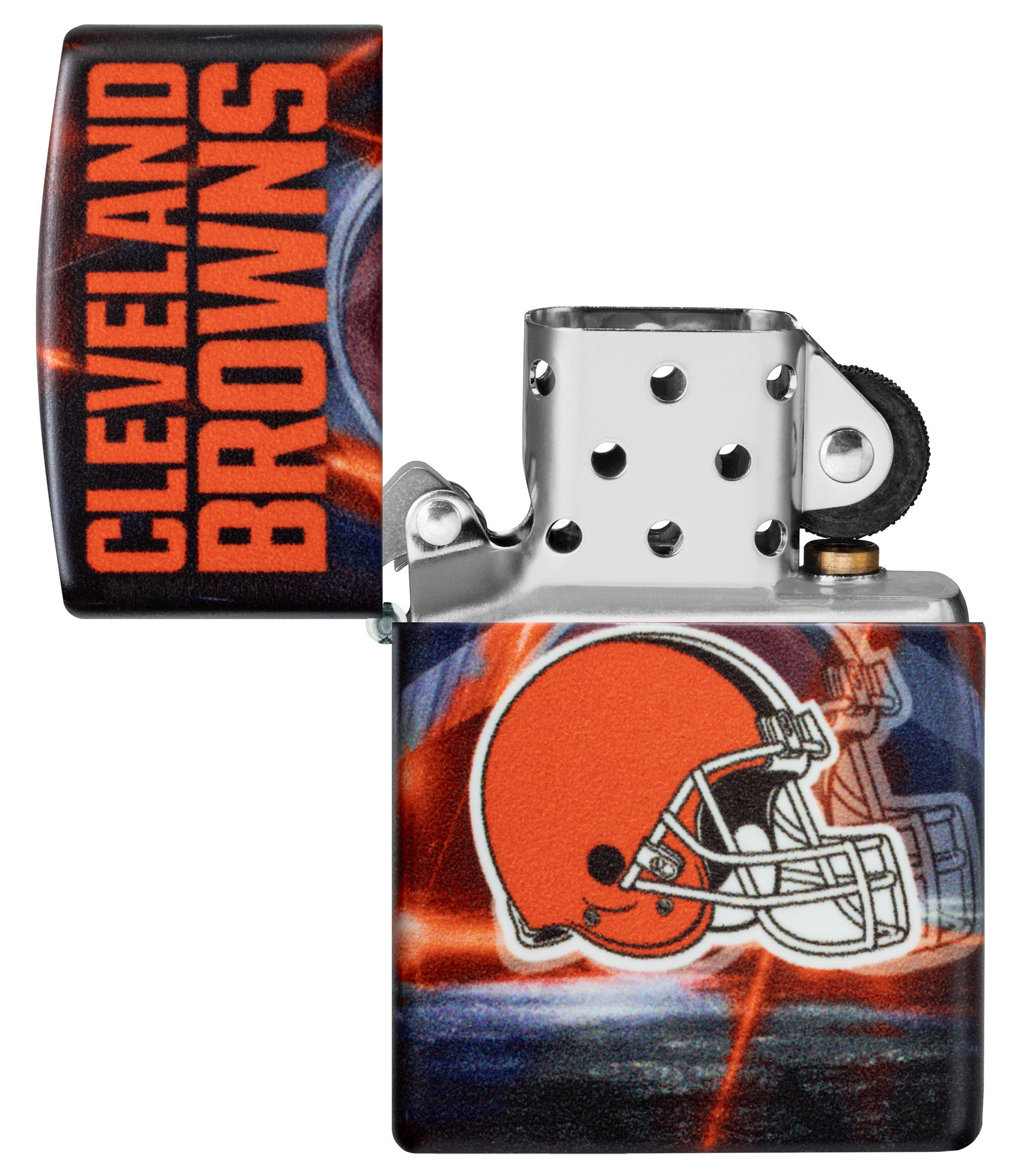 Zippo NFL Cleveland Browns 540 Matte Windproof Lighter with its lid open and unlit.