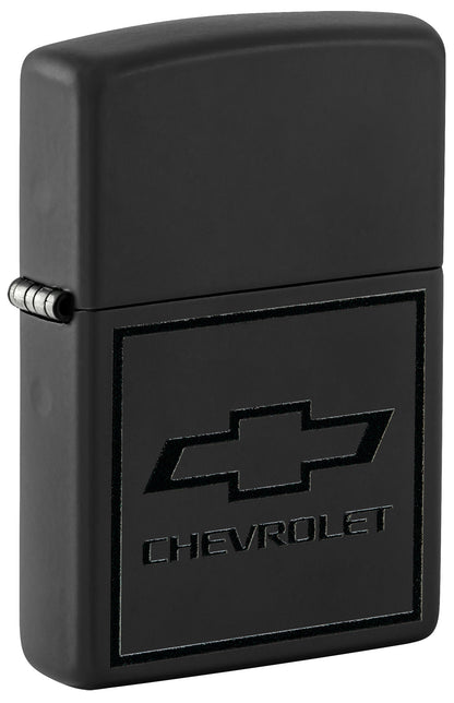 Front shot of Zippo ChevroletÂ® Bowtie Design Black Matte Windproof Lighter standing at a 3/4 angle.