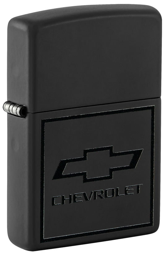 Front shot of Zippo ChevroletÂ® Bowtie Design Black Matte Windproof Lighter standing at a 3/4 angle.