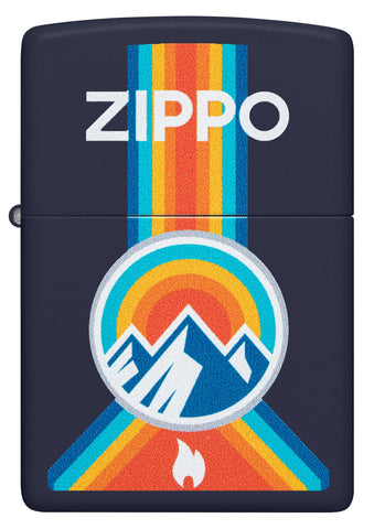 Front view of Zippo Logo Mountain Outdoor Logo Navy Matte Windproof Lighter.