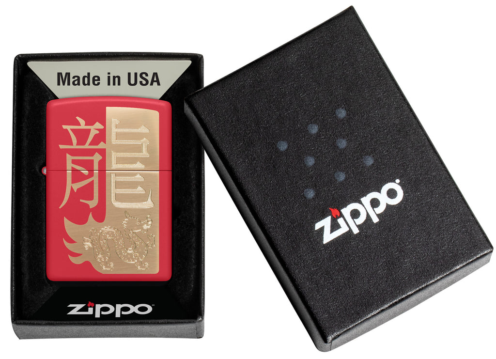 Zippo Year of the Dragon 2024 Red Matte Windproof Lighter in its packaging.