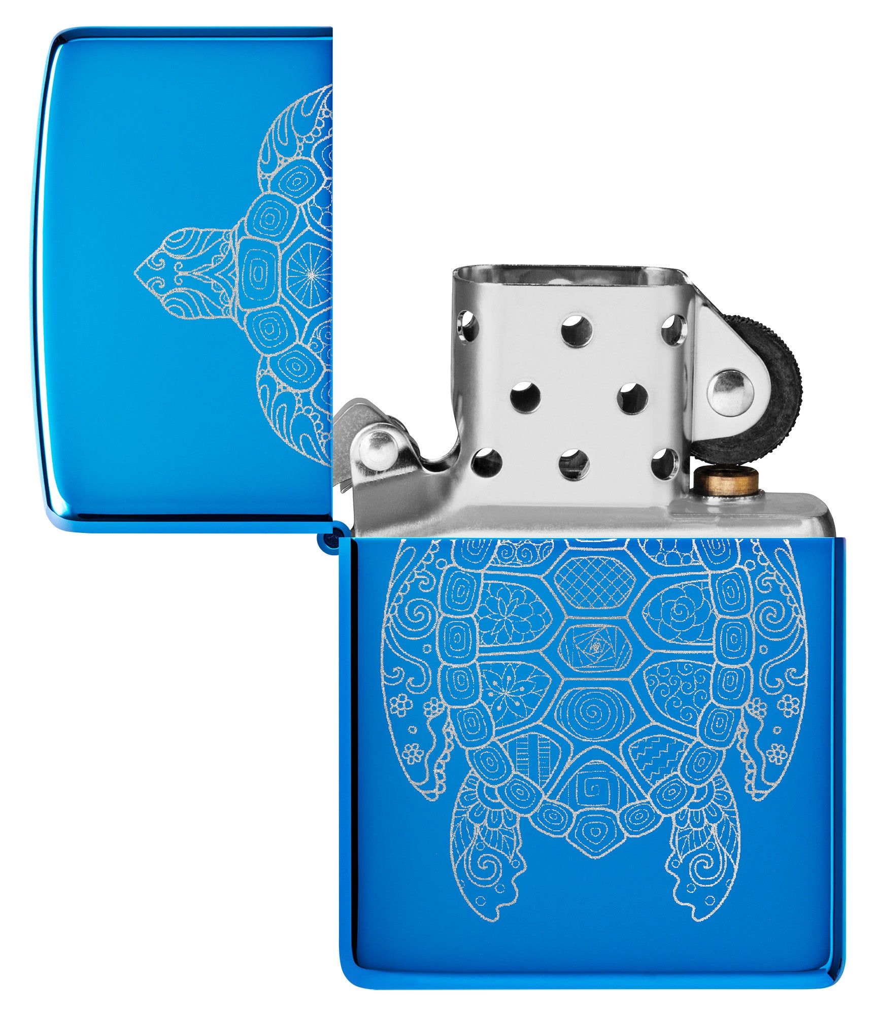 Zippo Zen Turtle Design High Polish Blue Windproof Lighter with its lid open and unlit.