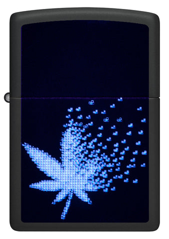 Front view of Zippo Black Light Pixel Cannabis Design Black Matte Windproof Lighter glowing.