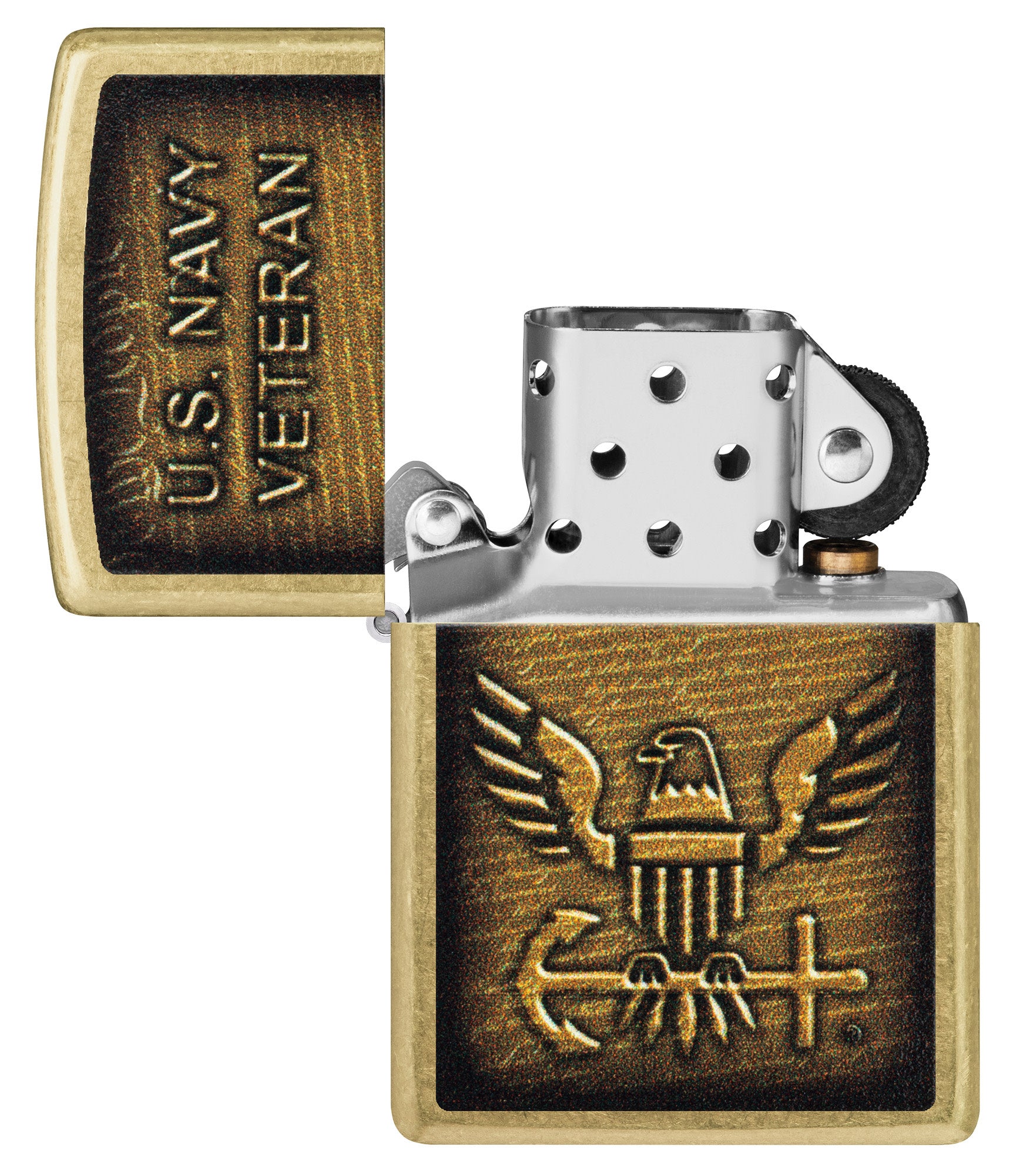 Zippo United States NavyÂ® Street Brass Windproof Lighter with its lid open and unlit.