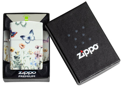 Zippo Glowing Butterflies Design Glow in the Dark Windproof Lighter in its packaging.