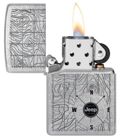 Zippo Jeep Topographical Map Street Chrome Windproof Lighter with its lid open and lit.
