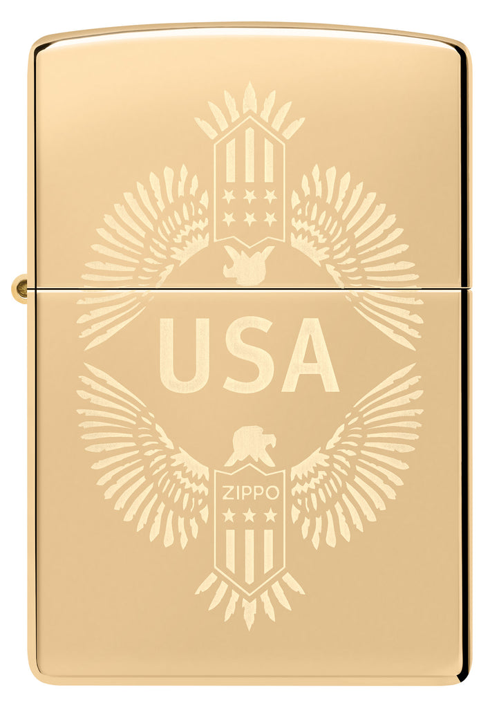 Front view of Zippo USA High Polish Brass Windproof Lighter.