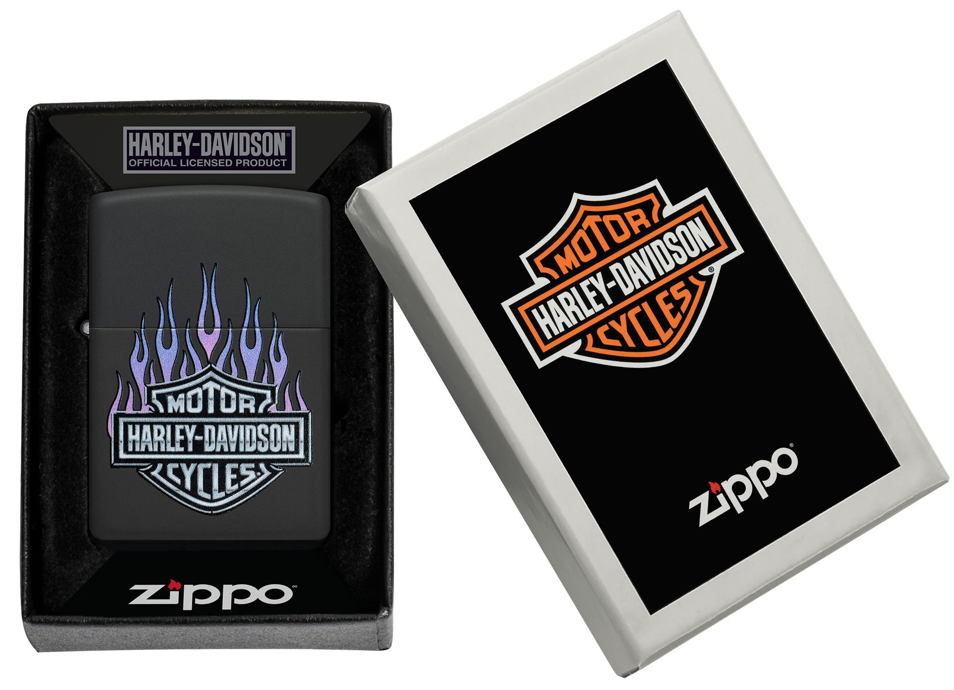 Zippo Harley DavidsonÂ® Flames Black Matte Windproof Lighter in its packaging.