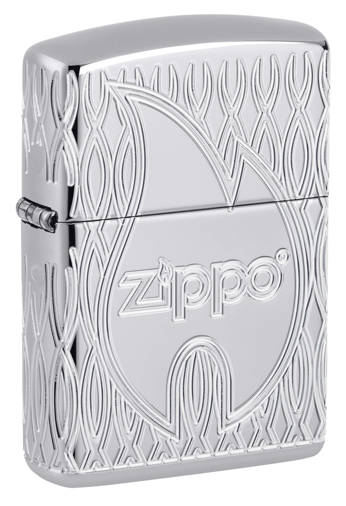 Front shot of Zippo Flame Design Armor High Polish Chrome Windproof Lighter standing at a 3/4 angle.