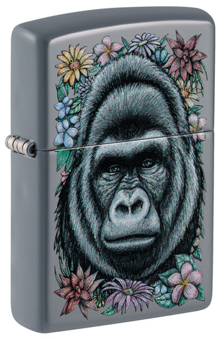 Front shot of Zippo Floral Gorilla Design Flat Grey Windproof Lighter standing at a 3/4 angle.