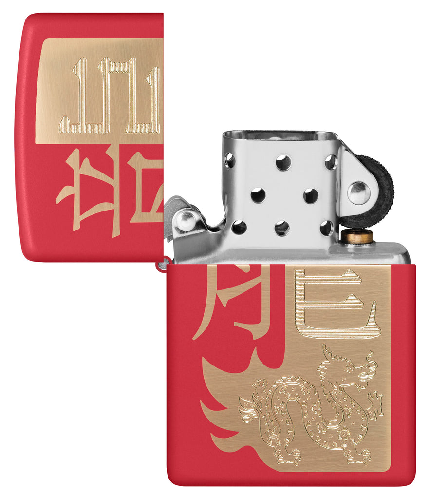 Zippo Year of the Dragon 2024 Red Matte Windproof Lighter with its lid open and unlit.