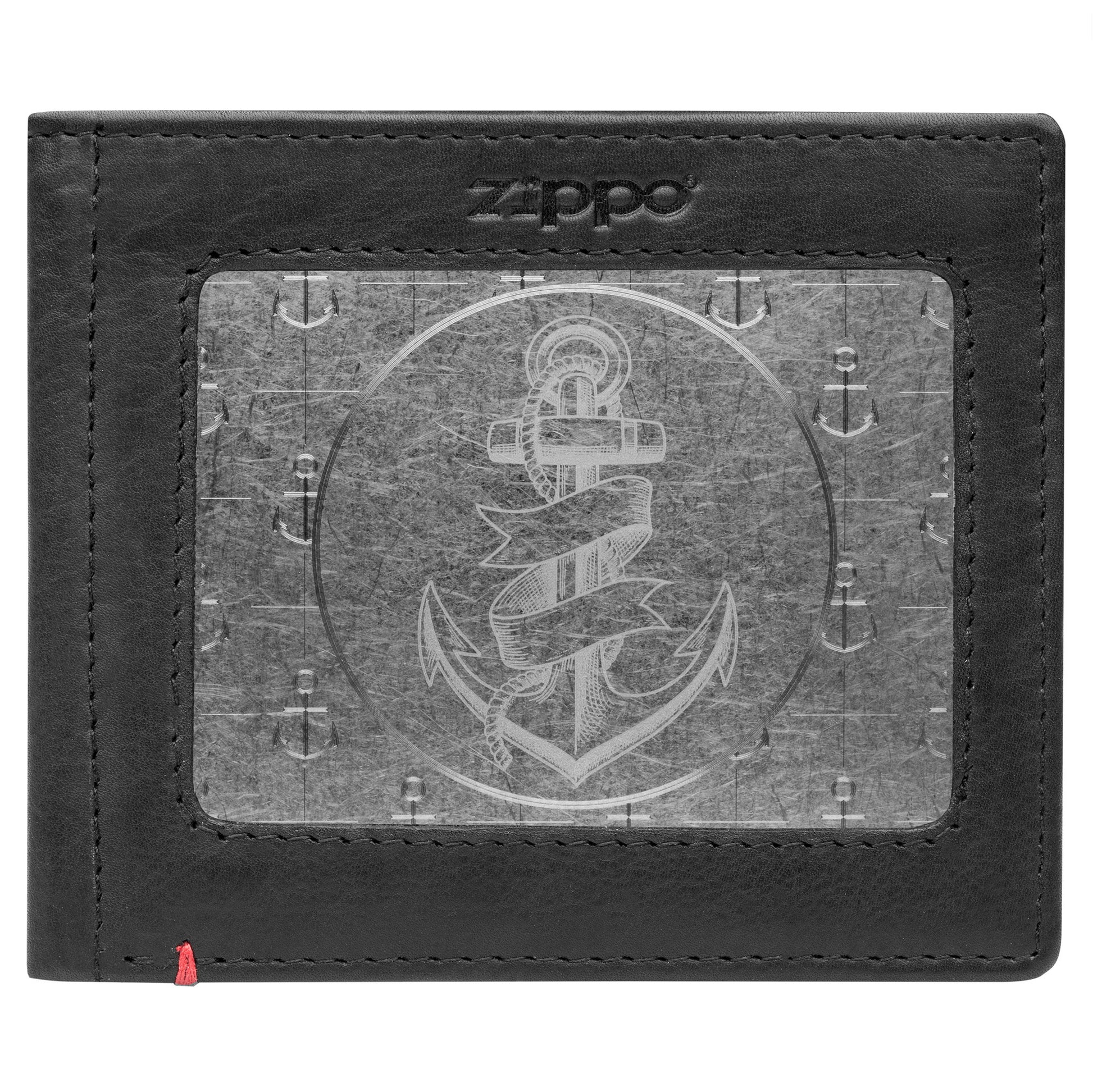 Front of black Leather Wallet With Anchor Metal Plate Design - ID Window