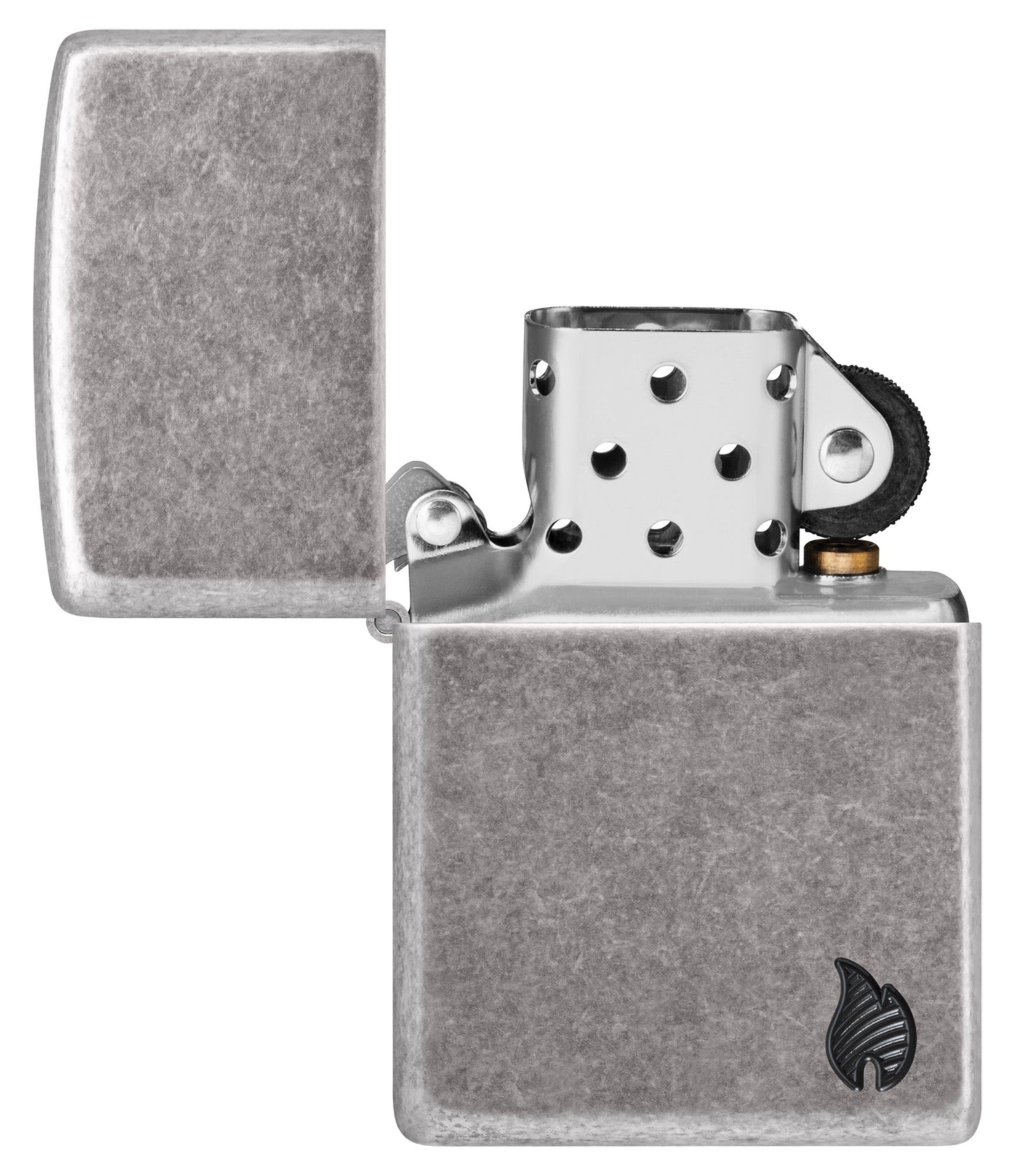 Zippo ArmorÂ® Series Flame Antique Silver Windproof Lighter with its lid open and unlit.