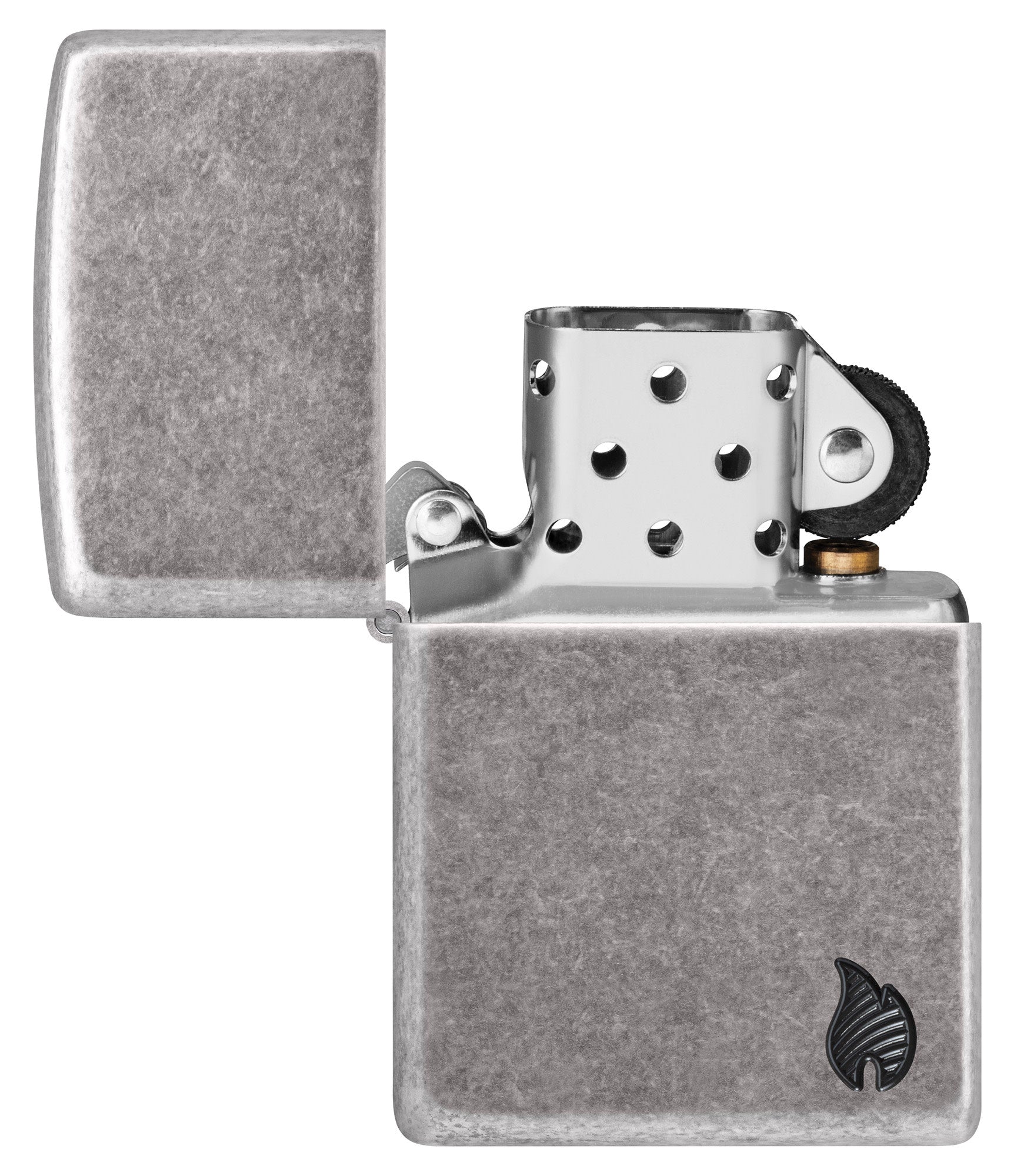 Zippo ArmorÂ® Series Flame Antique Silver Windproof Lighter with its lid open and unlit.