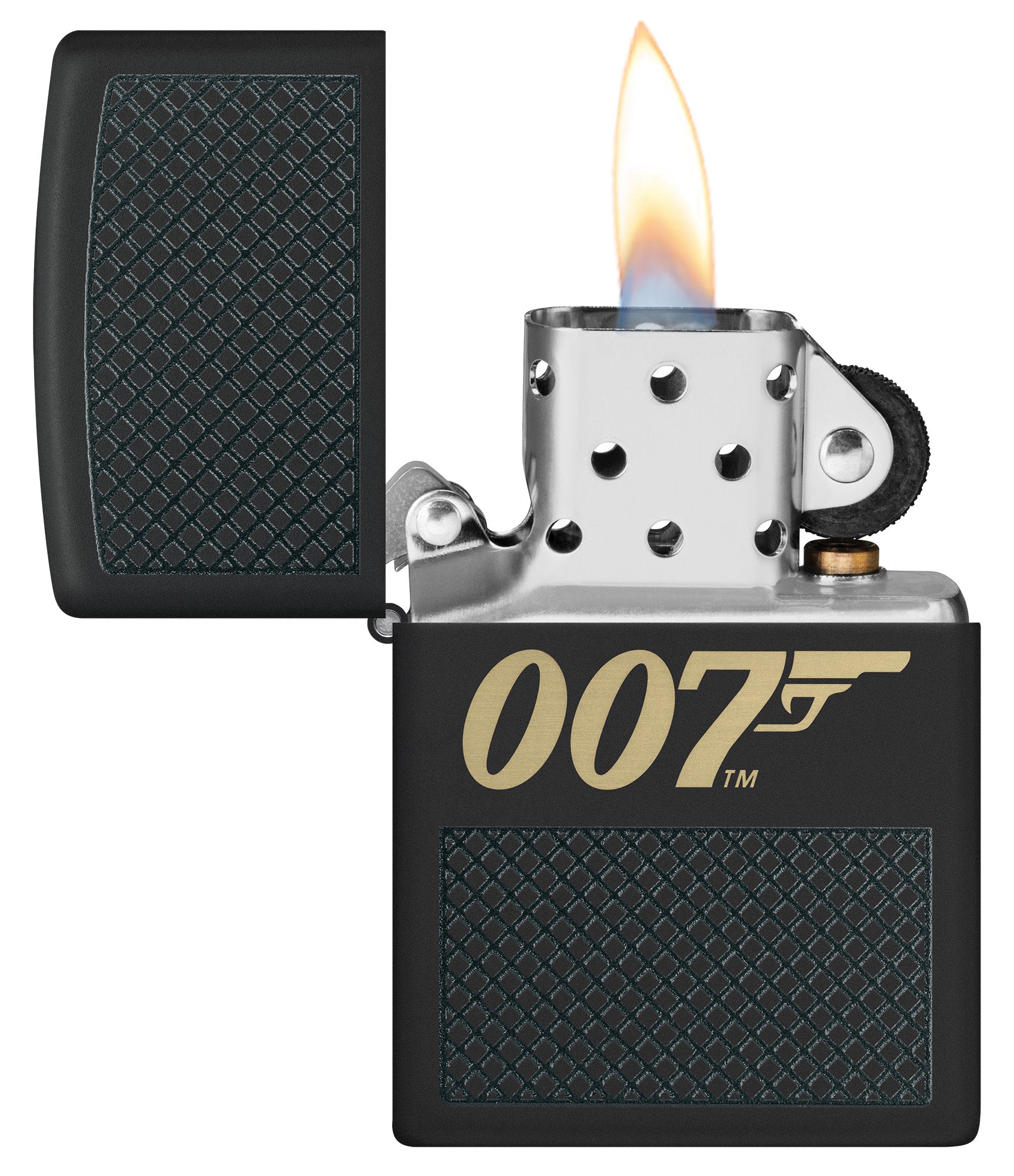 Zippo James Bond 007™ Design Black Matte Windproof Lighter with its lid open and lit.