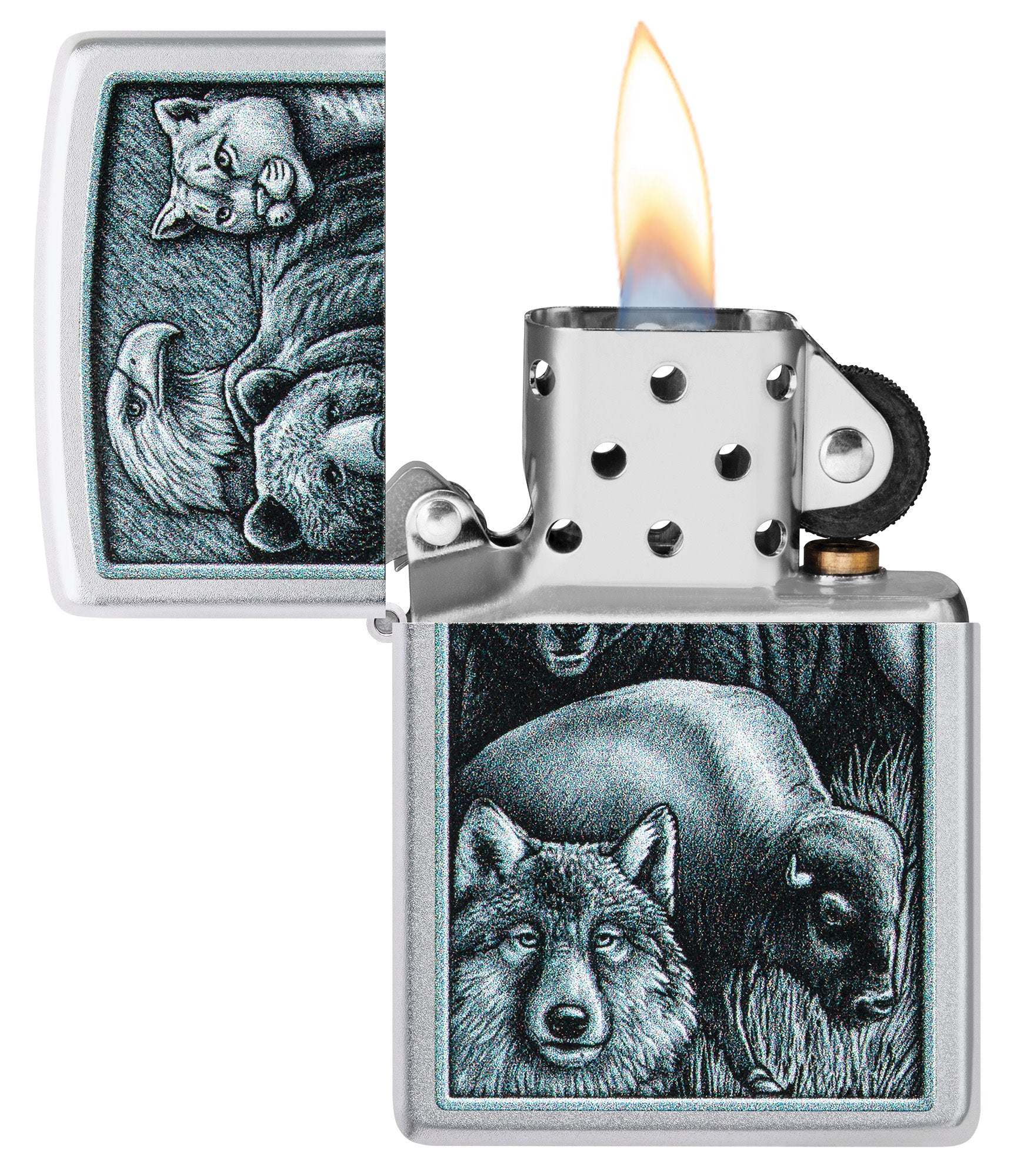 Zippo Animal Kingdom Design Satin Chrome Windproof Lighter with its lid open and lit.