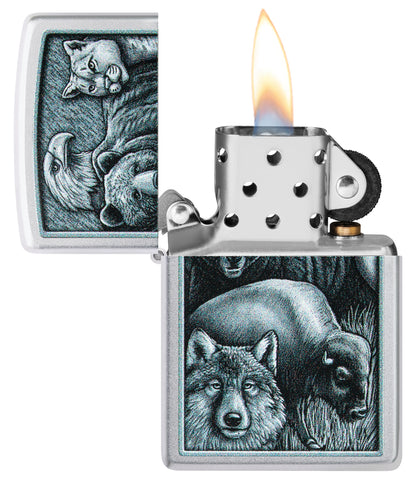 Zippo Animal Kingdom Design Satin Chrome Windproof Lighter with its lid open and lit.