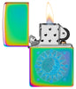 Zippo Sun Design Multi-Color Windproof Lighter with its lid open and lit.