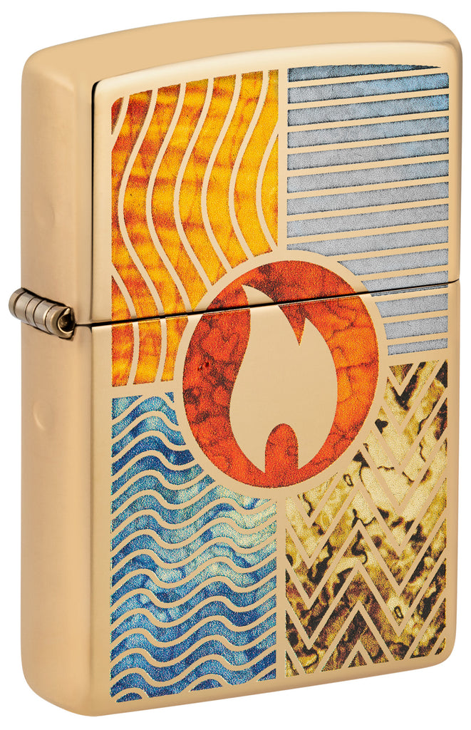 Front shot of Zippo Elements of Earth Design High Polish Brass Windproof Lighter standing at a 3/4 angle.