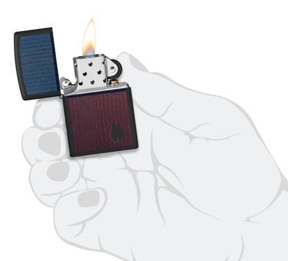 Zippo Color Block Flame Design Black Matte Windproof Lighter lit in hand.