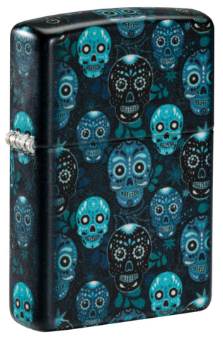 Front view of Zippo Sugar Skulls Design Glow in the Dark Matte Windproof Lighter standing at a 3/4 angle.
