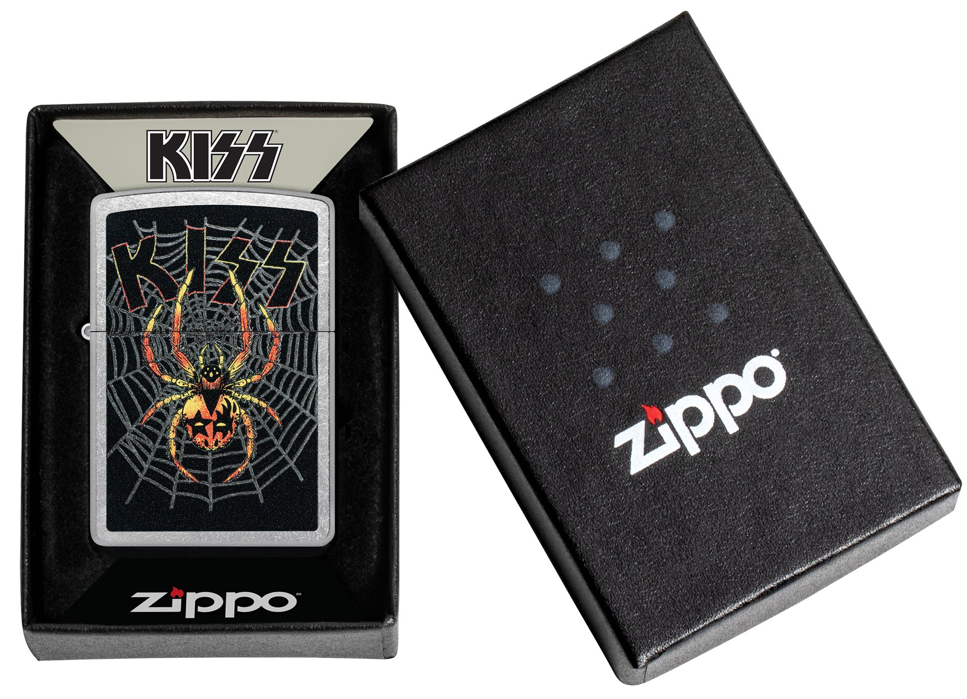 Zippo KISS® Spider Design Street Chrome Windproof Lighter in its packaging.