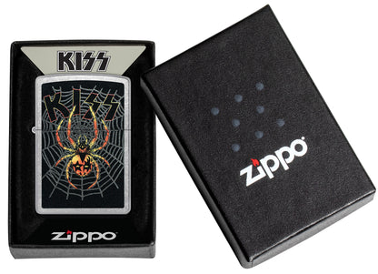 Zippo KISS® Spider Design Street Chrome Windproof Lighter in its packaging.