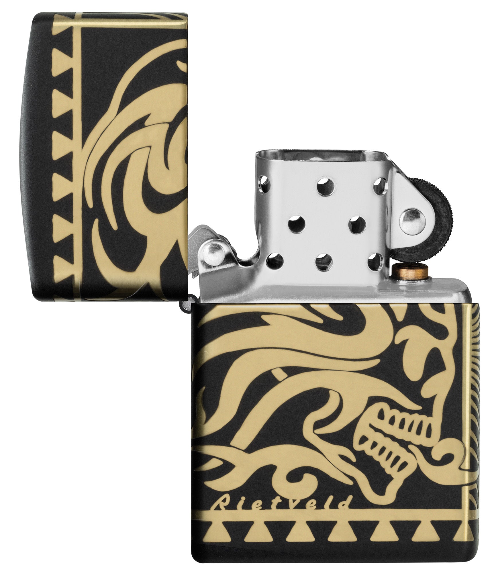 Zippo Rick Rietveld Laser 360 Black Matte Windproof Lighter with its lid open and unlit.