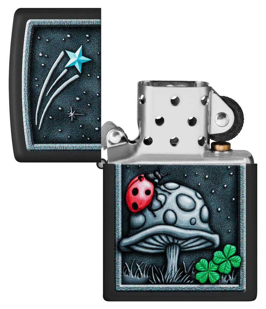 Zippo Ladybug Design Black Matte Windproof Lighter with its lid open and unlit.