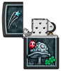 Zippo Ladybug Design Black Matte Windproof Lighter with its lid open and unlit.