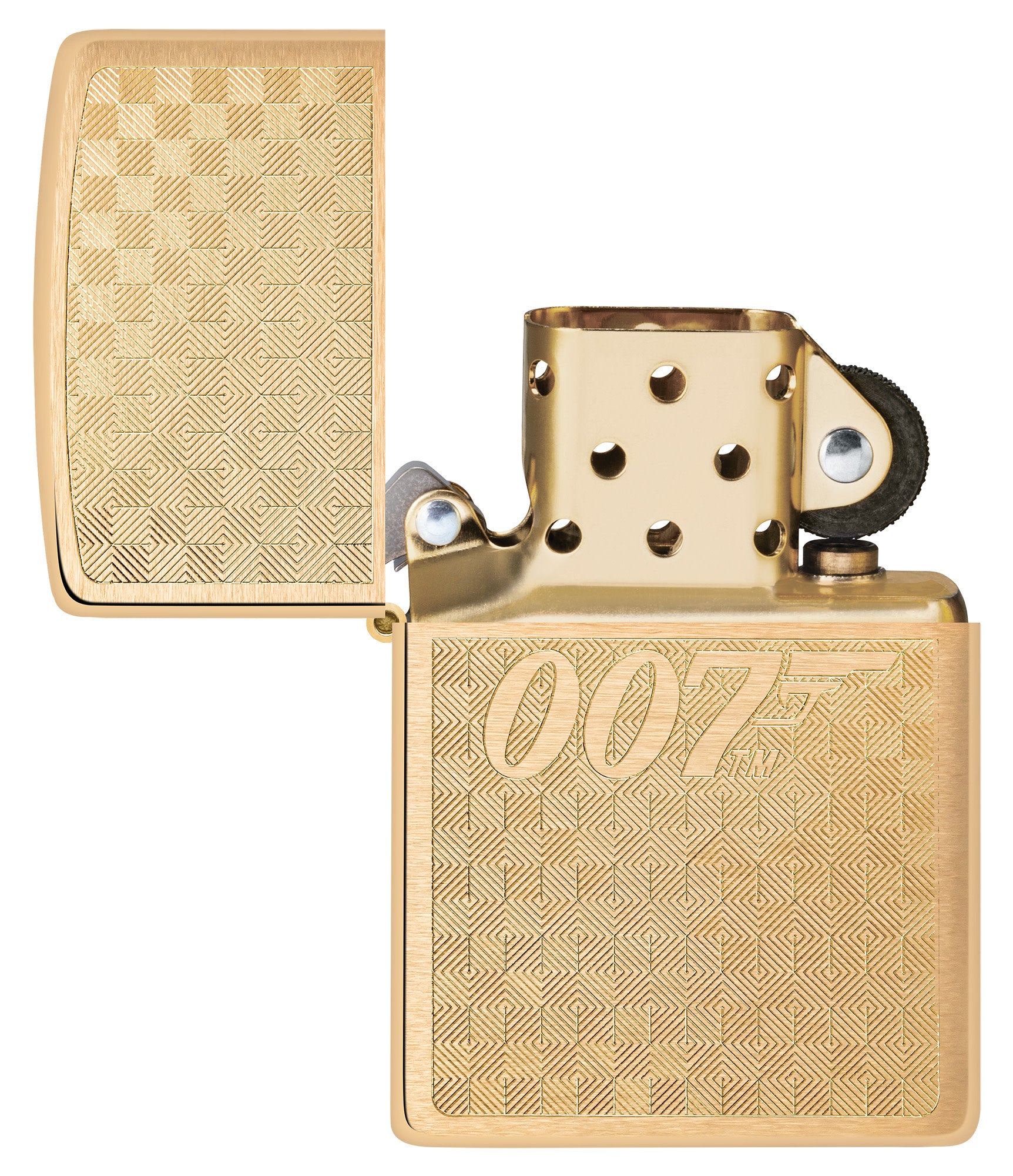 Zippo Textured James Bond 007â„¢ Design Brushed Brass Windproof Lighter with its lid open and unlit.