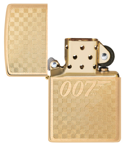 Zippo Textured James Bond 007â„¢ Design Brushed Brass Windproof Lighter with its lid open and unlit.