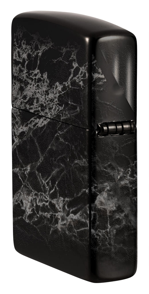 Angled shot of Zippo Design High Polish Black Windproof Lighter showing the back and hinge side of the lighter.