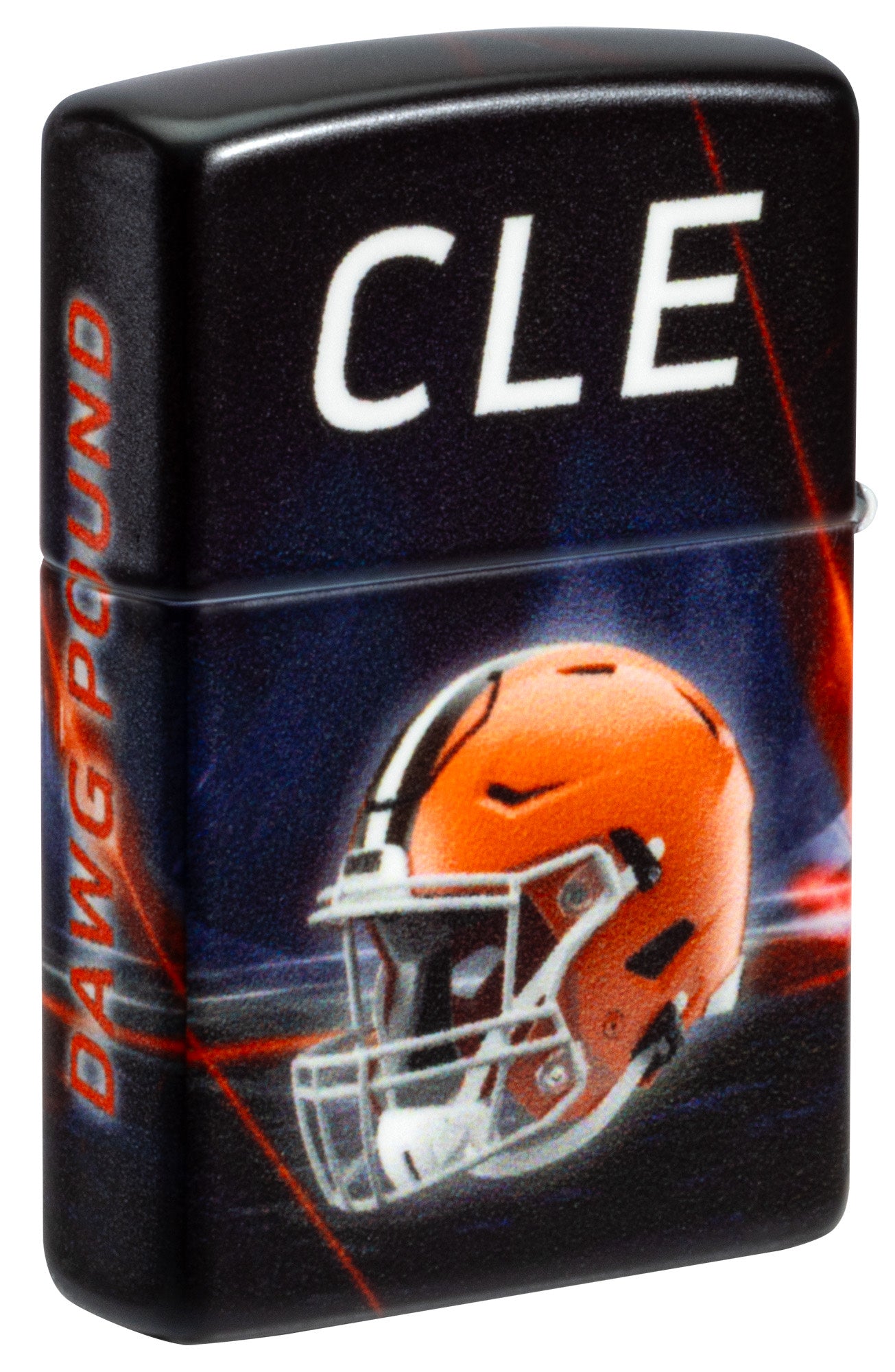 Back shot of Zippo NFL Cleveland Browns 540 Matte Windproof Lighter standing at a 3/4 angle.