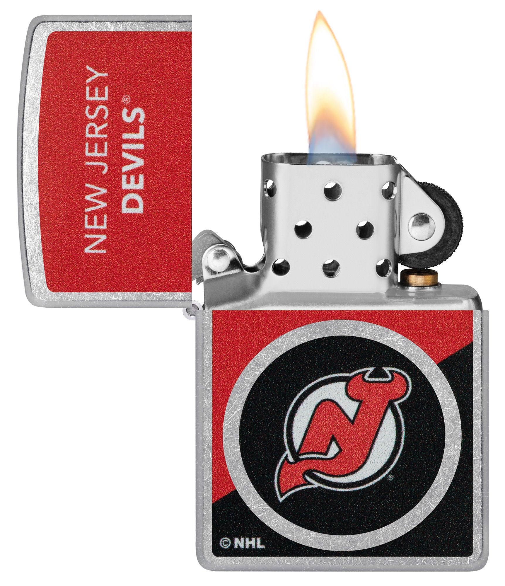 Zippo NHL® New Jersey Devils® 2024 Street Chrome™ Windproof Lighter with its lid open and unlit.