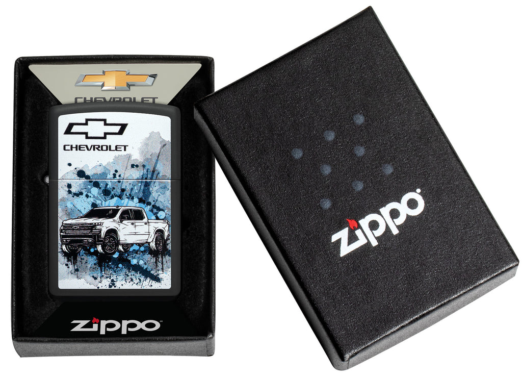 Zippo Chevrolet Black Matte Pocket Lighter in its packaging.